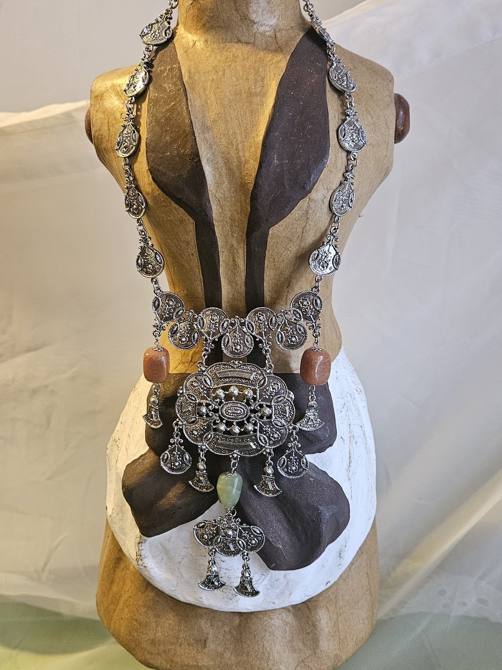 Antique-Style Silver Statement Necklace with Coral and Green Accents
